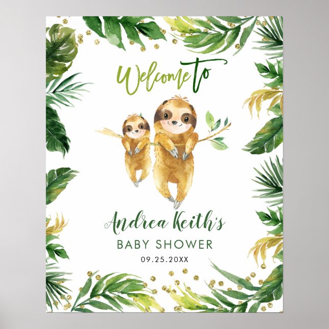 Tropical Boy Sloth Baby Shower Welcome Sign (Front)