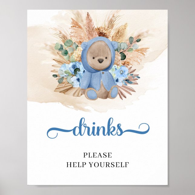 Tropical boy teddy bear pampas drinks table sign (Front)