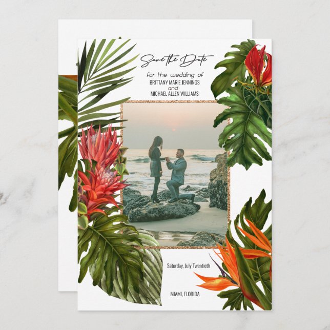 Tropical Breeze Lush Botanical Photo Save the Date Invitation (Front/Back)