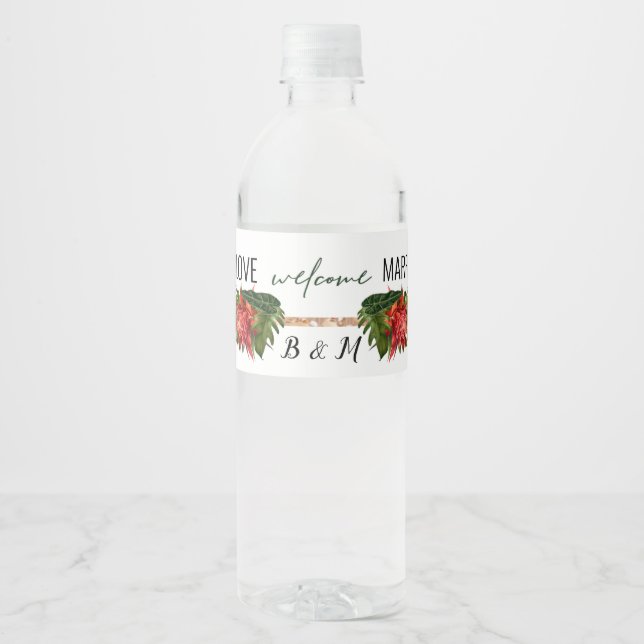 Tropical Breeze Lush Floral Wedding Water Bottle Label (Front)