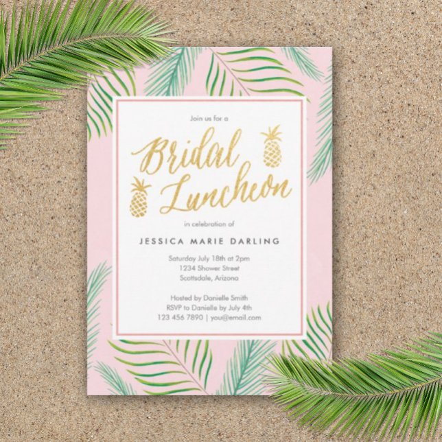 Tropical Bridal Luncheon Invitation in Pink & Gold (Bridal Luncheon Luau Party Invitation)