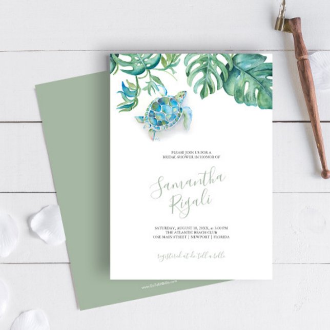 Tropical Bridal Shower Customisable Invitations (Tropical Bridal Shower Invitation Sea Turtle watercolor sea turtle, palm leaves Victoria Grigaliunas)