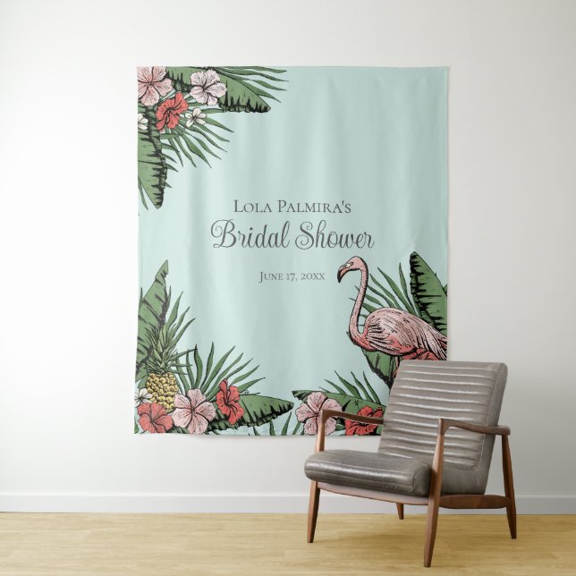 Tropical Bridal Shower Floral Flamingo Backdrop Tapestry (In Situ)