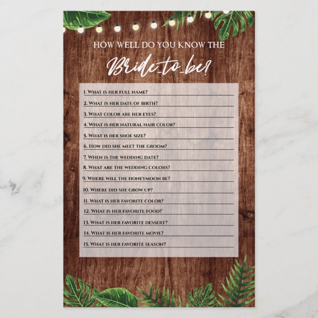 Tropical Bridal Shower How Well You Know Game Card (Front)