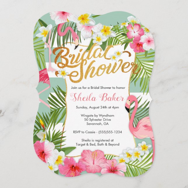 Tropical Bridal Shower Invitation - Flamingos (Front/Back)