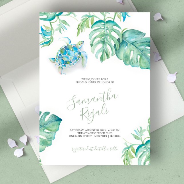 Tropical Bridal Shower Invitations (bridal shower invitation tropical watercolor sea turtle by Victoria Grigaliunas)