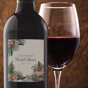 Tropical Bridal Shower Pink Flamingo & Hibiscus Wine Label
