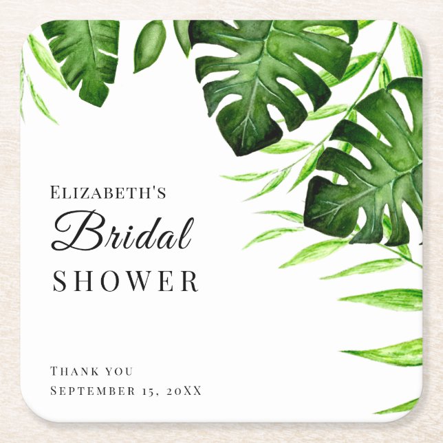 Tropical Bridal Shower Watercolor Script Jungle  Square Paper Coaster (Front)
