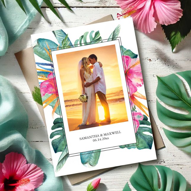 Tropical Bride and Groom Wedding Thank You Card (Wedding thank you cards tropical destination with template for bride and groom photo and custom text)