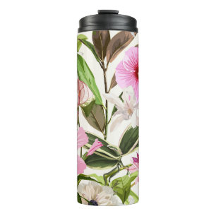 Tropical bright green leaves, flowers. thermal tumbler