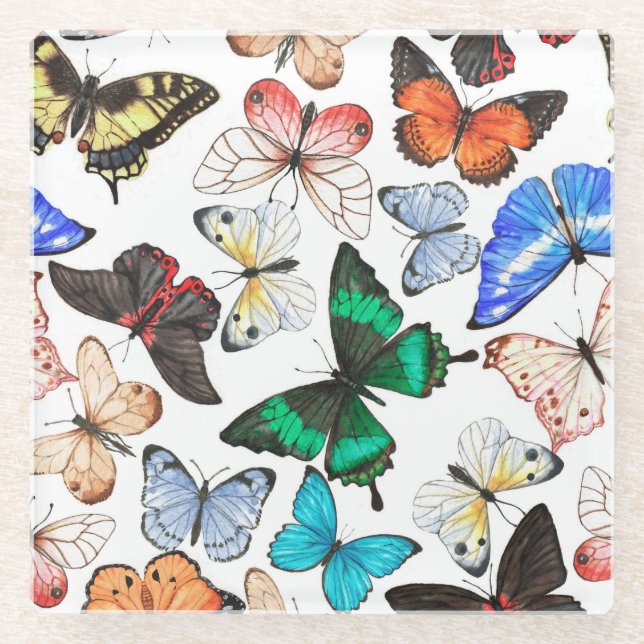 Tropical butterflies: colourful watercolor pattern glass coaster (Front)