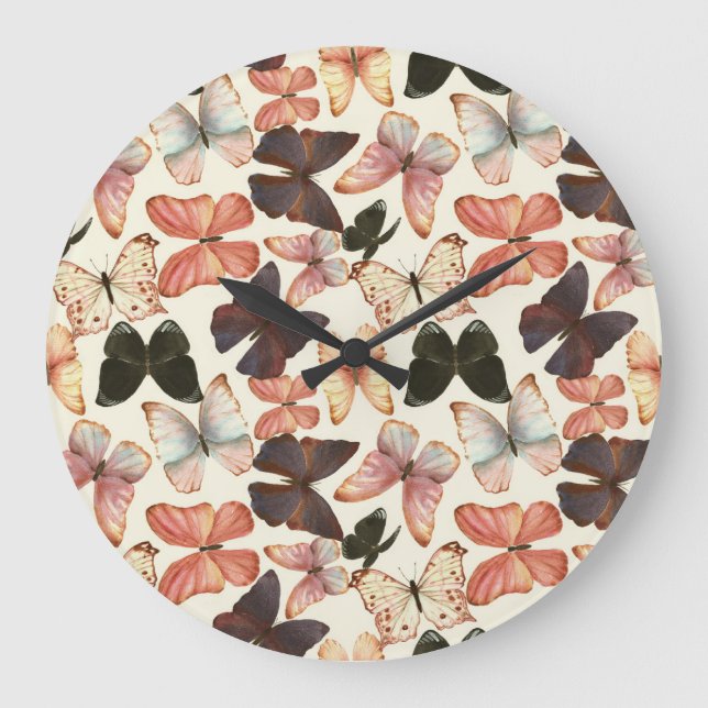 Tropical Butterflies: Watercolor Seamless Pattern. Large Clock (Front)