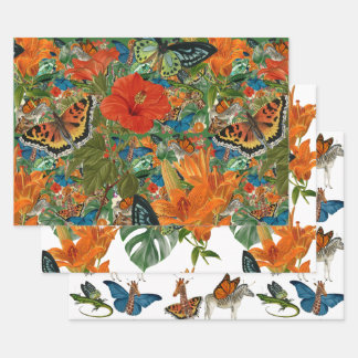Tropical butterfly animals gift wrap set of 3 