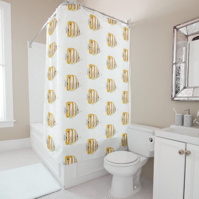 Tropical Butterfly Fish Orange and White Patterned Shower Curtain (In Situ)