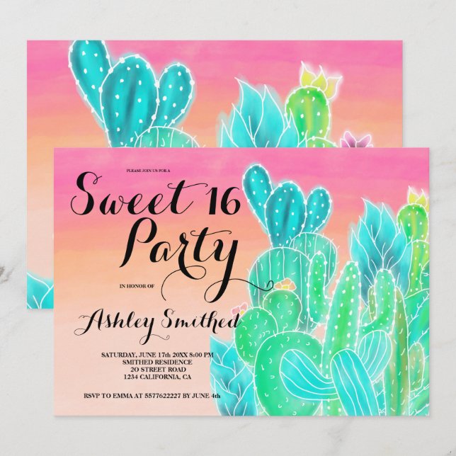 Tropical cactus pink ombre watercolor Sweet 16 Invitation (Front/Back)
