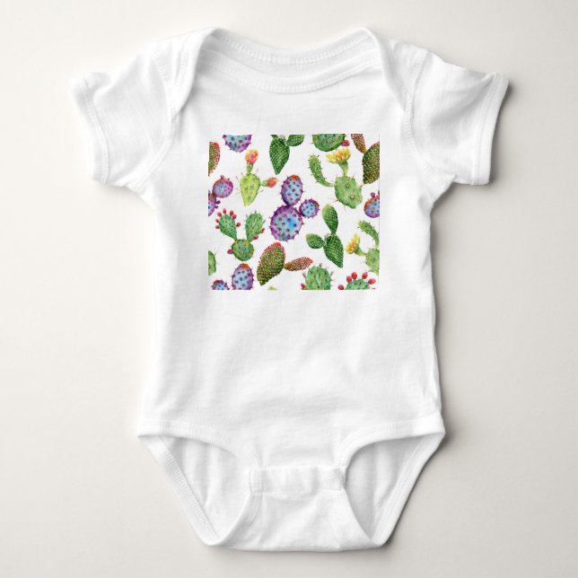 Tropical Cactus: Watercolor Seamless Pattern Baby Bodysuit (Front)