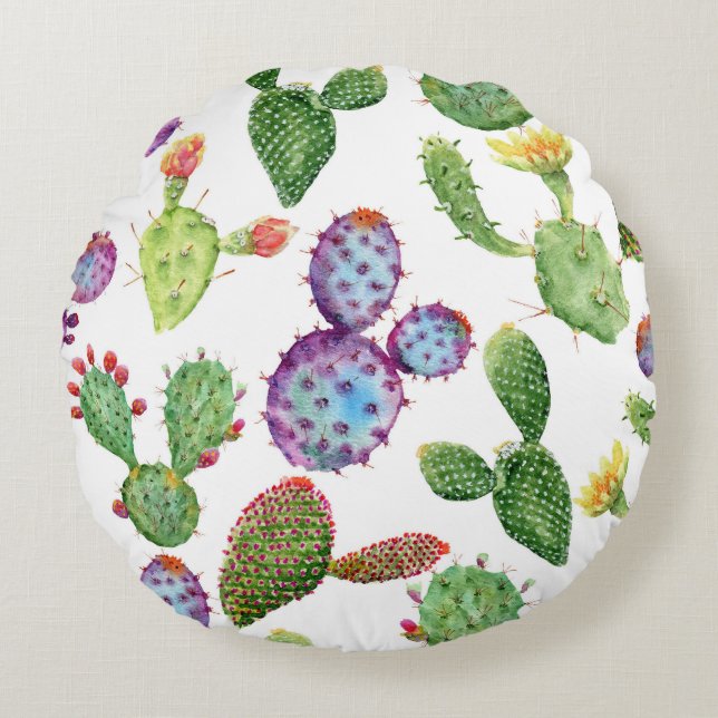 Tropical Cactus: Watercolor Seamless Pattern Round Cushion (Front)