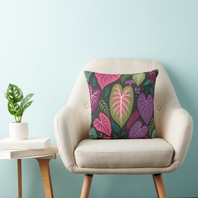 Tropical Caladium Leaves Pattern Pillow – Deep Pur (Chair)