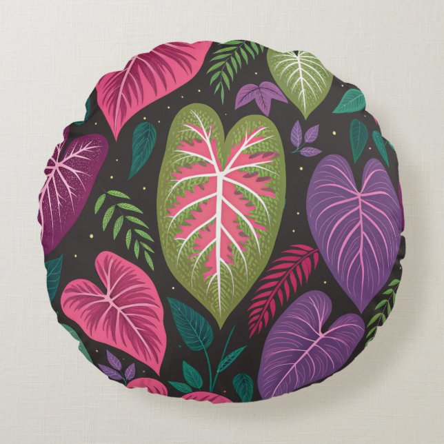 Tropical Caladium Round Pillow – Purple & Green Bo (Front)