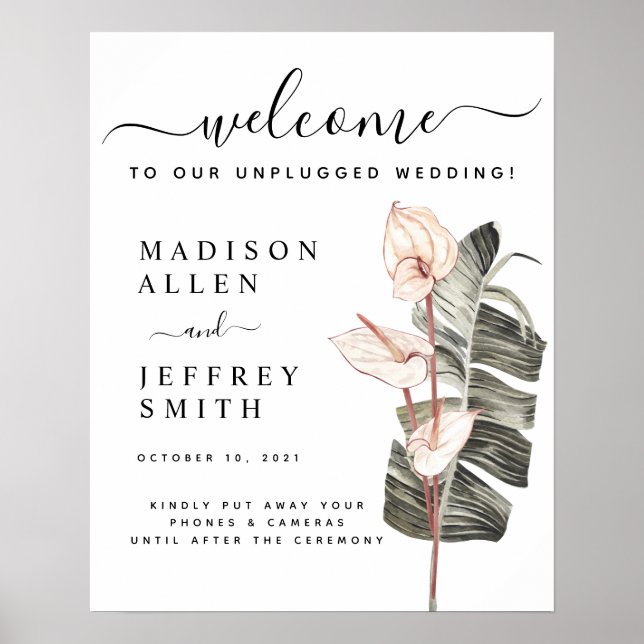 Tropical Calla Lily Wedding Unplugged Welcome Sign (Front)