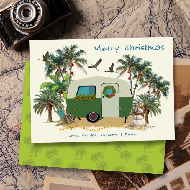 Tropical Camping Trailer Merry Christmas Cards (Creator Uploaded)
