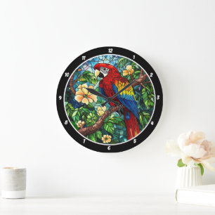 Tropical Canopy Time" - Stained Glass Parrot  Large Clock