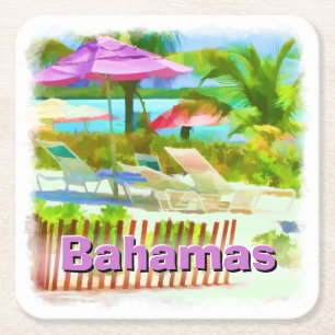 Tropical Caribbean Island Beach Scene - Painterly Square Paper Coaster