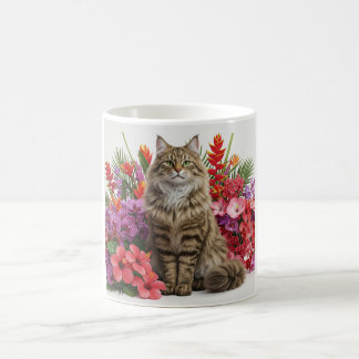 Tropical Cat Floral Ceramic Mug Design.