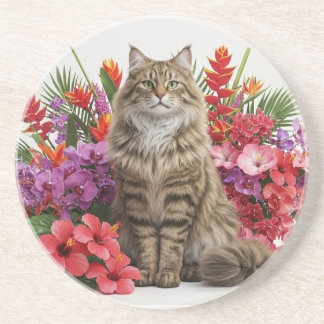 Tropical Cat Sandstone Drink Coaster Design.