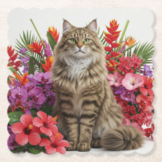 Tropical Cat Scalloped Square Coaster Design.