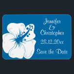 Tropical Cerulean Blue and White Hibiscus Wedding Magnet<br><div class="desc">The perfect wedding design for the bride and groom who want to add a tropical touch to their wedding, featuring a single hibiscus flower in white on cerulean blue. The names of the bride and groom, the date and a reminder to save the date are on the magnet. The text...</div>