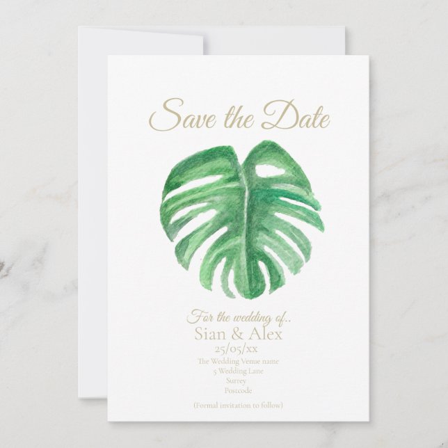 Tropical Cheese plant leaf Flat Save The Date Card (Front)