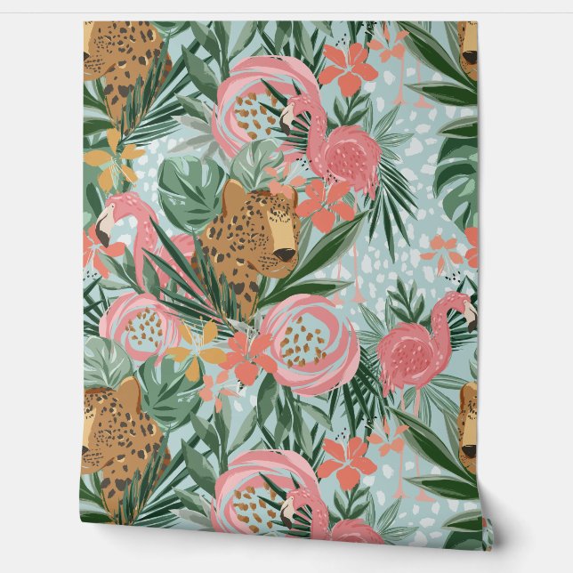 Tropical Cheetah and Flamingo Floral Wallpaper (Unrolling)