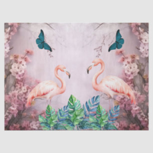 Tropical Cherry Blossom & Pink Flamingos Decoupage Tissue Paper