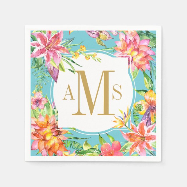 Tropical Chic 3 Letter Monogram Floral Watercolor Napkin (Front)