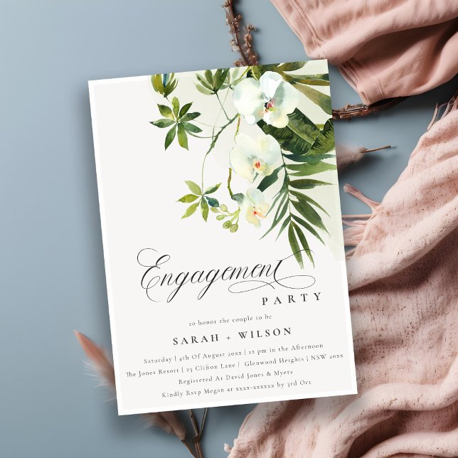 Tropical Chic White Orchid Palm Fauna Engagement Invitation (Creator Uploaded)