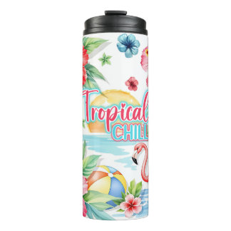 Tropical Chill Flamingo & Hibiscus Watercolor Thermal Tumbler