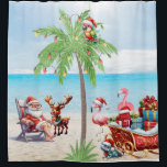 Tropical Christmas Beach Shower Curtain<br><div class="desc">Santa Claus is having a bit of a holiday. Rudolf has already arrived and the other reindeer are due any minute. The flamingos,  the parrot and the lizard have come down to greet them.</div>