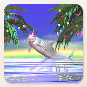 Tropical Christmas Dolphin Square Paper Coaster