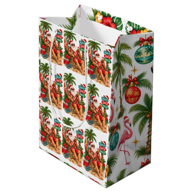 Tropical Christmas Flamingo & Beach Santa Pattern  Medium Gift Bag (Back Angled)