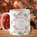 Tropical Christmas Flamingo Blue Santa Hat Pink Mug<br><div class="desc">Tropical Pink Christmas Flamingo Blue Santa Hat Palm Tree Coffee Mug.</div>