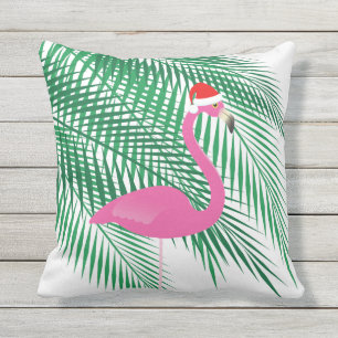 Tropical Christmas Flamingo on White - Outdoor Cushion