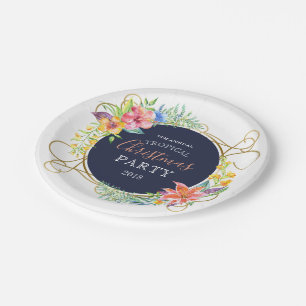 Tropical Christmas Flowers & Gold swirly Frame Paper Plate
