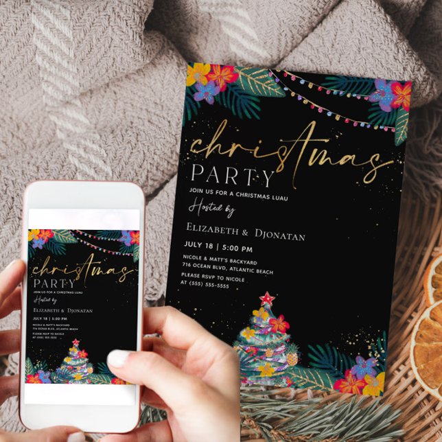 Tropical Christmas Gold Glitter Invitation Card (Tropical Christmas Invitation)