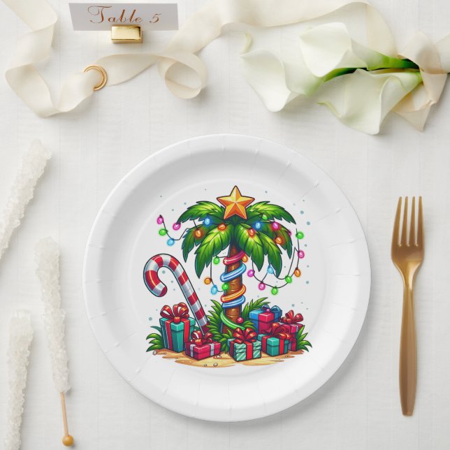 Tropical Christmas Holiday Palm Tree Paper Plate (Wedding)