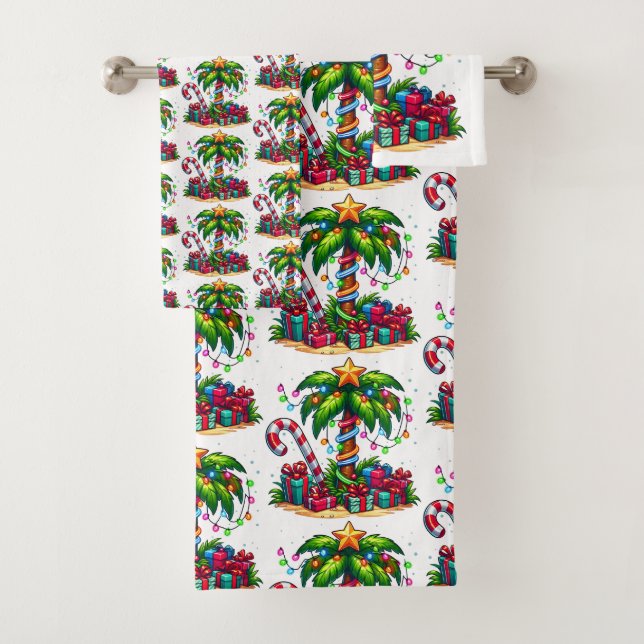 Tropical Christmas Holiday Palm Tree Pattern Bath Towel Set (Insitu)