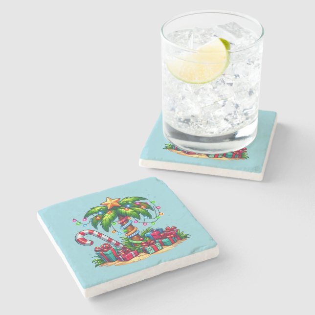 Tropical Christmas Holiday Palm Tree Stone Coaster (Side)