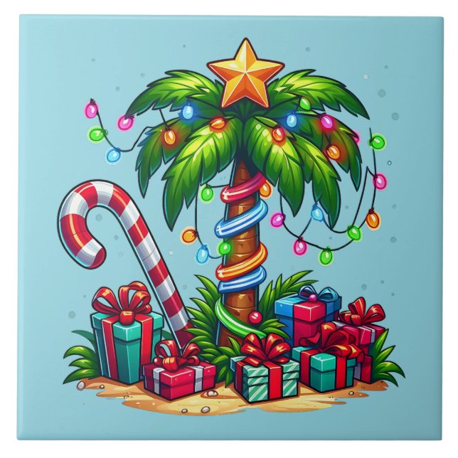 Tropical Christmas Holiday Palm Tree Tile (Front)