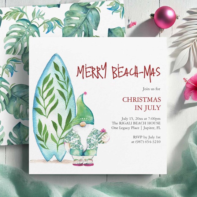 Tropical Christmas in July Invitations (Tropical beach Christmas invitations watercolor surfboard and Santa art by Victoria Grigaliunas)
