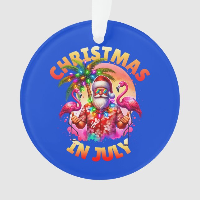Tropical Christmas in July Palm Trees & Flamingos Ornament (Front)